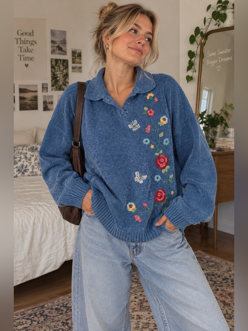 Alfred Dunner Women’s Large Blue Floral Embroidered Sweater Oversized Cottagecor